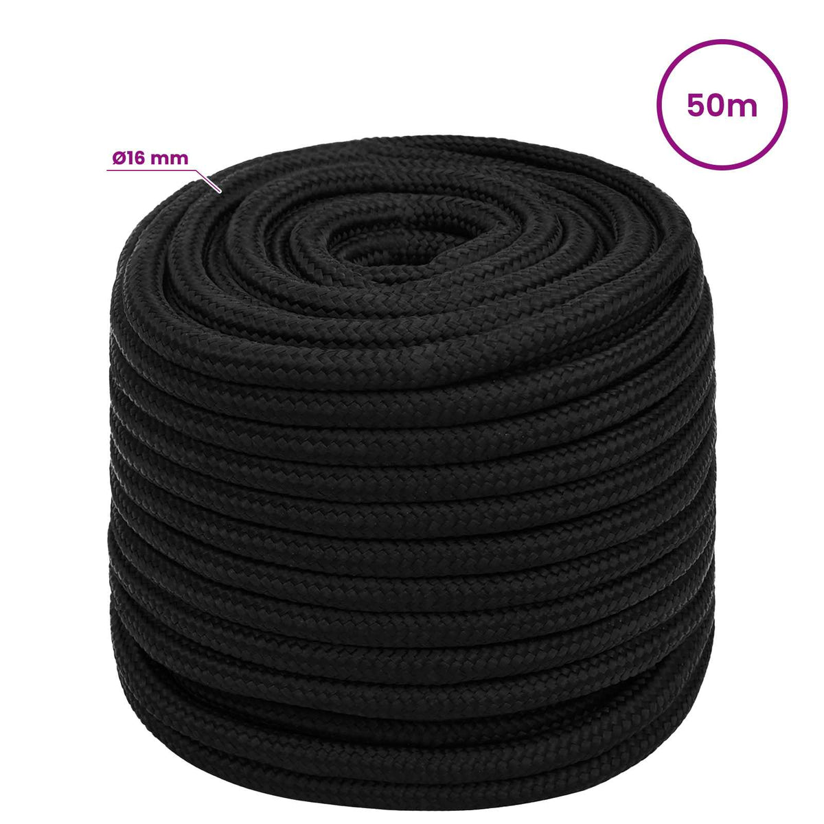 vidaXL Multipurpose Utility Rope 16 mm 50 m Black Polyester 6