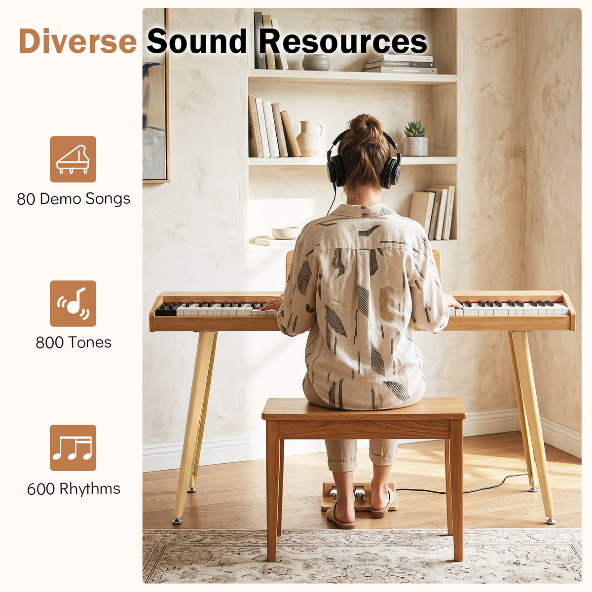 88-Key Digital Piano with 3 Pedals and 800 Tones and USB MIDI for Beginners-Natural
