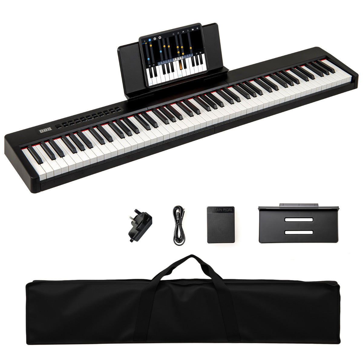 88 Keys Velocity-Sensitive Piano Keyboard with Music Stand and Carry Bag-Black