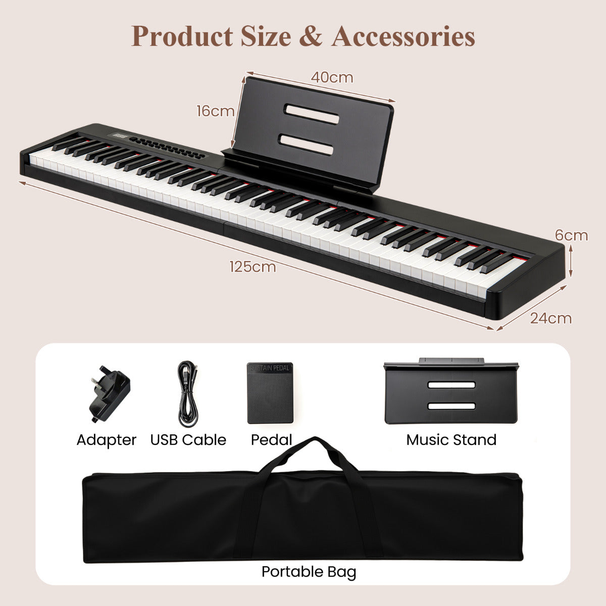 88 Keys Velocity-Sensitive Piano Keyboard with Music Stand and Carry Bag-Black