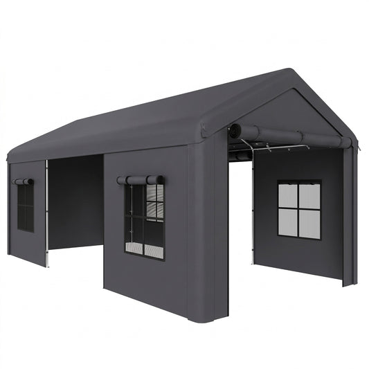 Outsunny 3 x 6 m Heavy Duty Carport, Portable Garage Car Canopy Tent with Galvanised Frame, Doors, Windows, Dark Grey