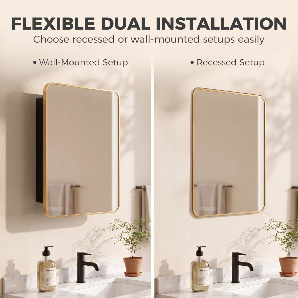 HOMCOM 50.8 x 11.6 x 71 cm Bathroom Mirror Cabinet, Wall Cabinet with Adjustable Shelves, Wall-Mounted or Recessed, Gold Tone