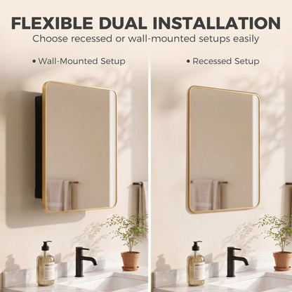 HOMCOM 50.8 x 11.6 x 71 cm Bathroom Mirror Cabinet, Wall Cabinet with Adjustable Shelves, Wall-Mounted or Recessed, Gold Tone