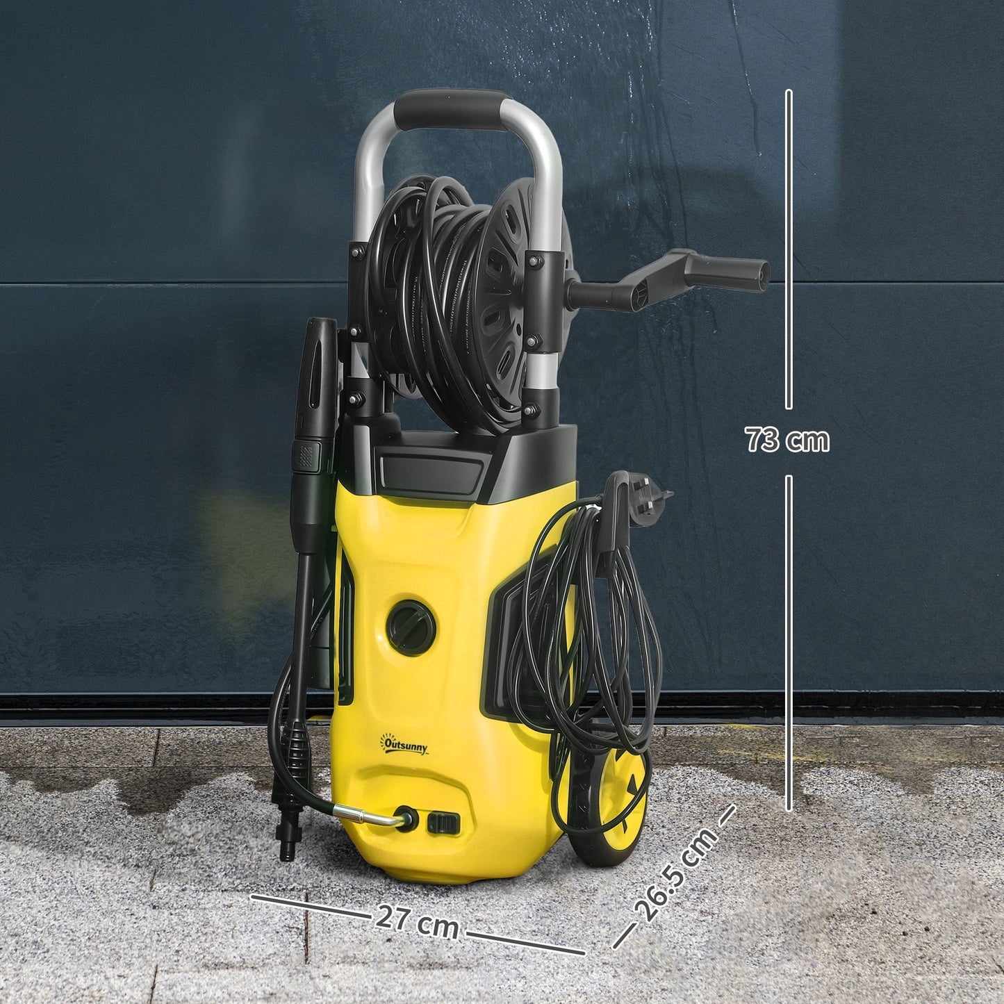 غسالة ضغط عالٍ Outsunny 1800W، ضغط 150 بار، تدفق 420 لتر/ساعة، منظف غسيل نفاث محمول مع فوهة قابلة للتعديل، خرطوم 6 متر، بكرة خرطوم، مقبض فولاذي للمنزل والفناء والسيارة والممر، أصفر