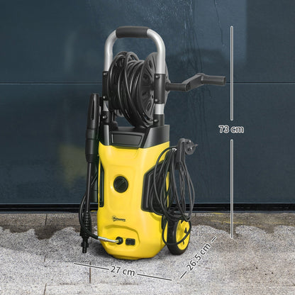 غسالة ضغط عالٍ Outsunny 1800W، ضغط 150 بار، تدفق 420 لتر/ساعة، منظف غسيل نفاث محمول مع فوهة قابلة للتعديل، خرطوم 6 متر، بكرة خرطوم، مقبض فولاذي للمنزل والفناء والسيارة والممر، أصفر
