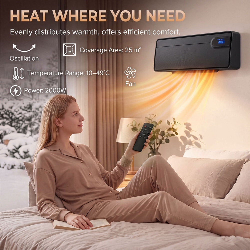 HOMCOM Smart Electric Heater, 2000W Ceramic Wall Space Heater, App Wifi Enabled, Oscillation Fan, Adjustable Thermostat, Black