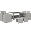 Outsunny 9 Piece Rattan Cube Garden Furniture Dining Set with Armchairs, Footstools and Glass-Top Table, Light Grey