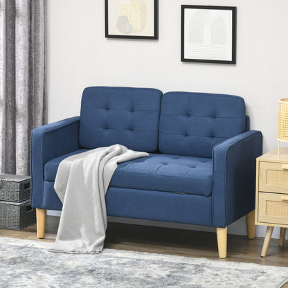 HOMCOM Modern Loveseat Sofa, Compact 2 Seater Sofa with Hidden Storage, 117cm Tufted Cotton Couch with Wood Legs, Blue