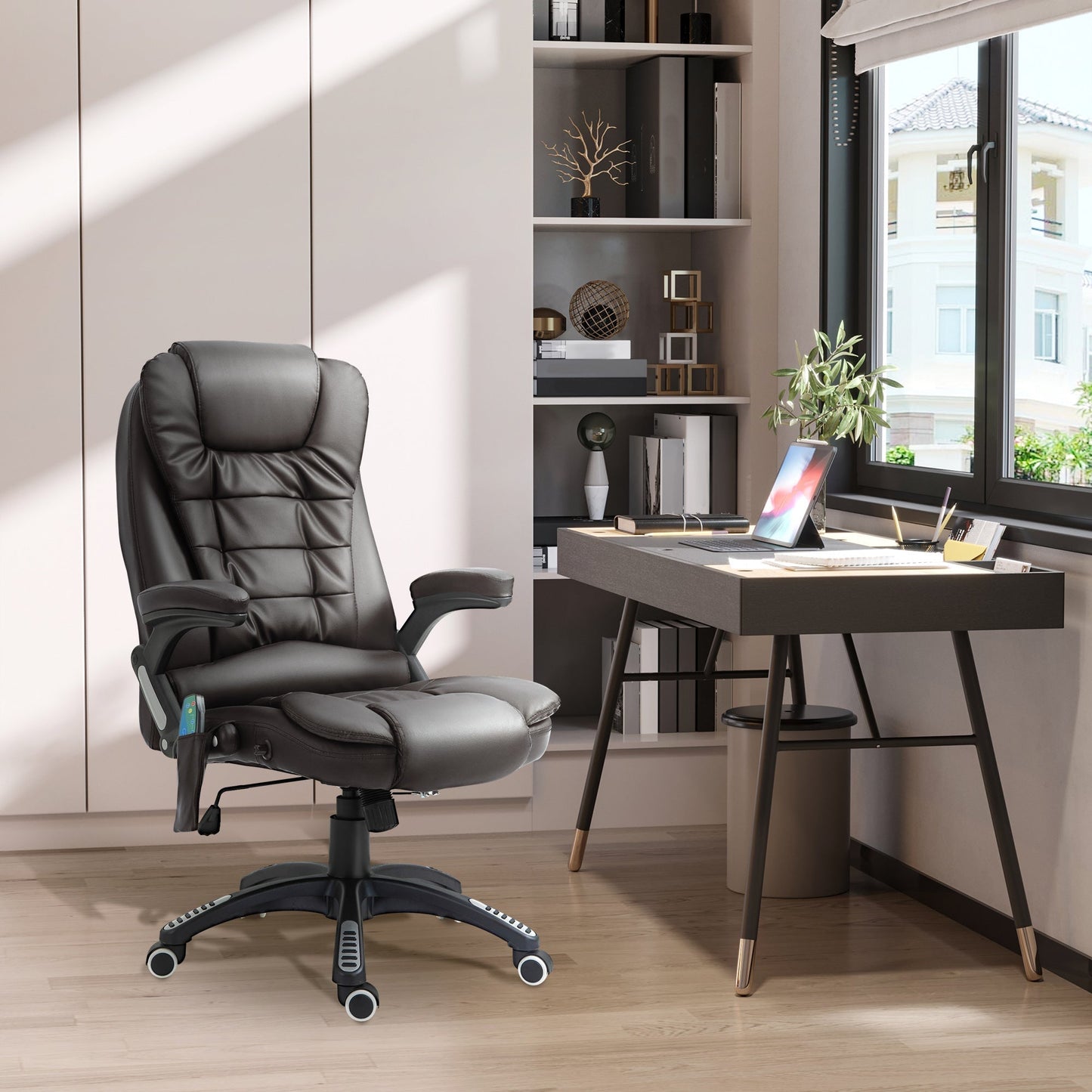 HOMCOM 6-Point Massage Office Chair with Seat Heated for Home Office, PU Leather High Back Executive Desk Chair with Adjustable Height and 360 Swivel for Work Study, Brown