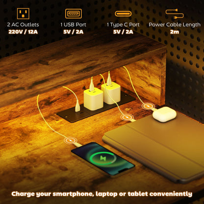 مكتب كمبيوتر HOMCOM بطول 100 سم مع إضاءة LED ومنافذ طاقة، مكتب ألعاب مع حامل شاشة، طاولة كمبيوتر مع جهاز تحكم عن بعد للمنزل والمكتب والدراسة، بني ريفي