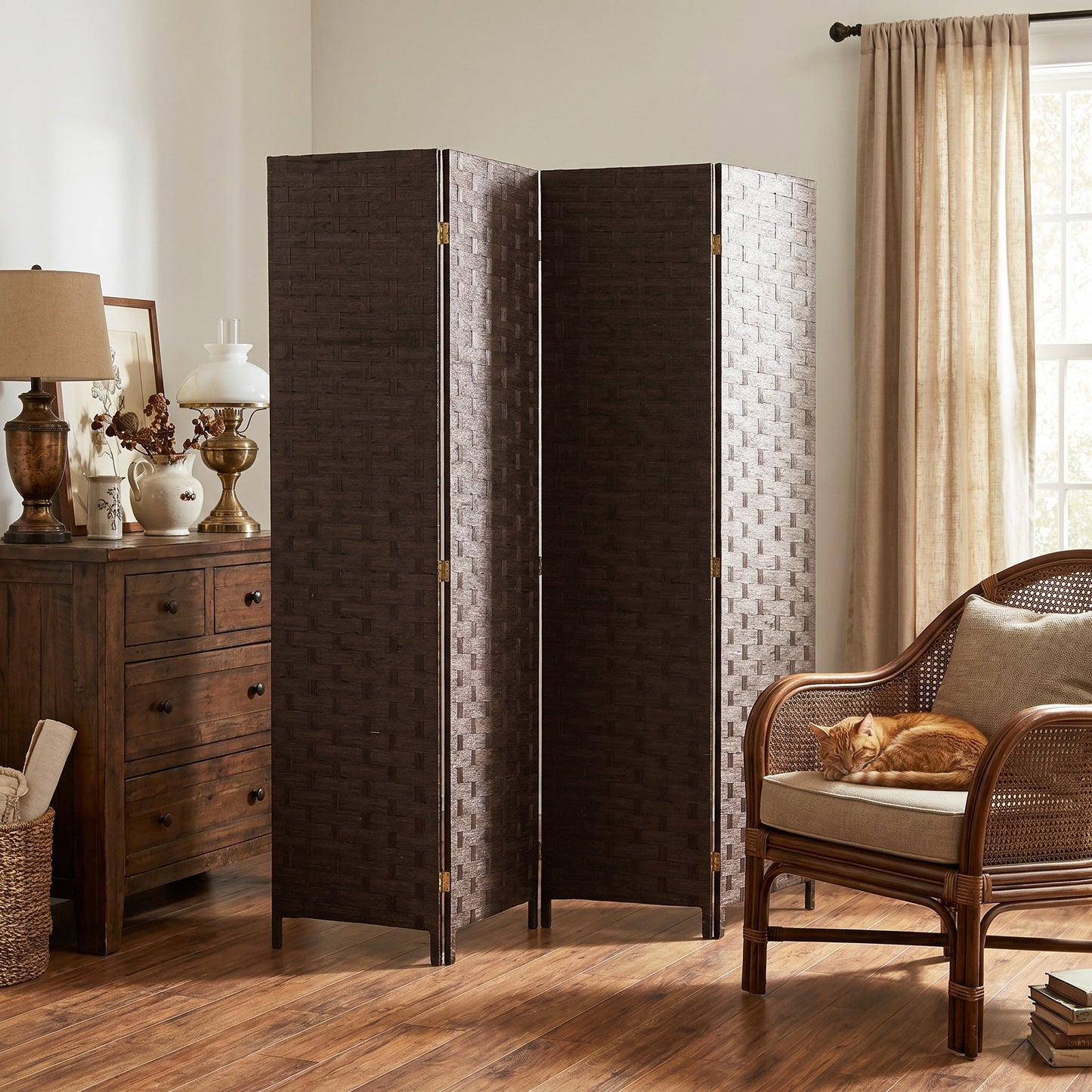 HOMCOM Wave Fibre Freestanding Folding Privacy Screen Panels, Room Divider, Dark Brown