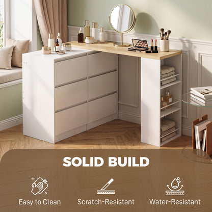 HOMCOM Vanity Table, Dressing Table with 6 Drawers and 3-Tier Shelf for Women and Girls, White