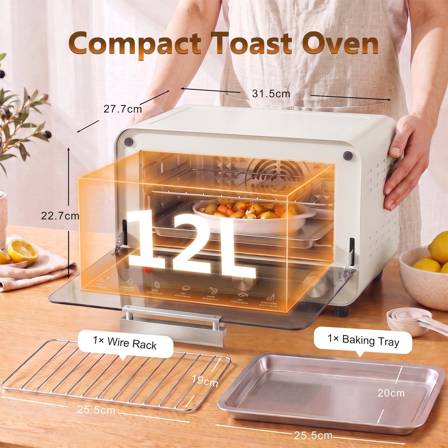 HOMCOM Mini Oven, Small Toaster Oven with Glass Door, Adjustable Temperature and Timer, Accessory Included, 750W, Cream White