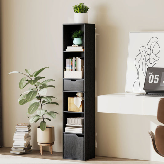 HOMCOM 6-Tier Bookcase, Tall Narrow Bookshelf with Drawer and Door - Black