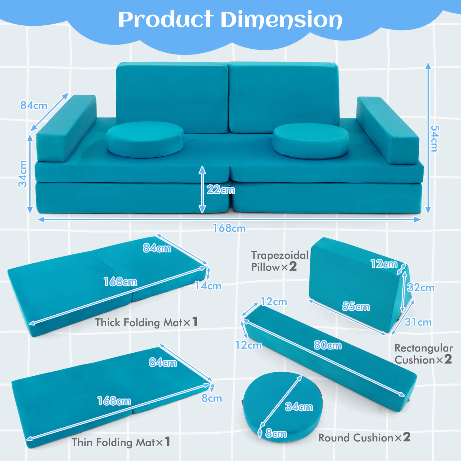 8-Piece Kids Play Couch Sofa with Portable Handle-Green