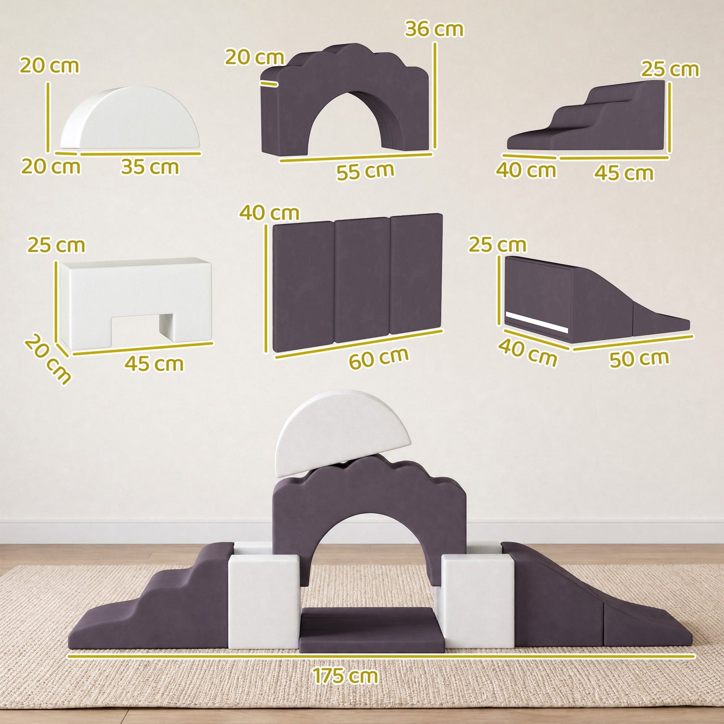 AIYAPLAY 7 Piece Kids Soft Play Set with Detachable Cover, Baby Indoor Climb and Crawl Foam Toys for Toddlers, Brown