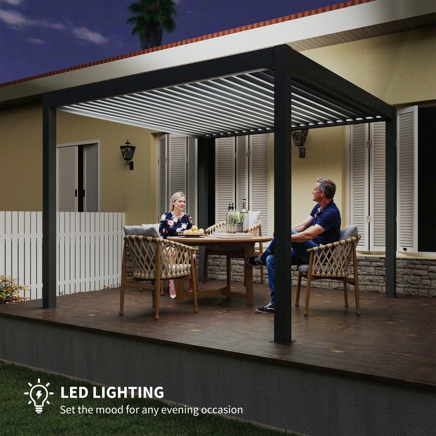 أوتسني، مظلة معرشة كهربائية 3 × 3 (م) بألواح تهوية وإضاءة LED، مظلة معرشة ألمنيوم صلبة مع جهاز تحكم عن بعد، سقف قابل للتعديل ونظام تصريف، مقاومة للماء والأشعة فوق البنفسجية