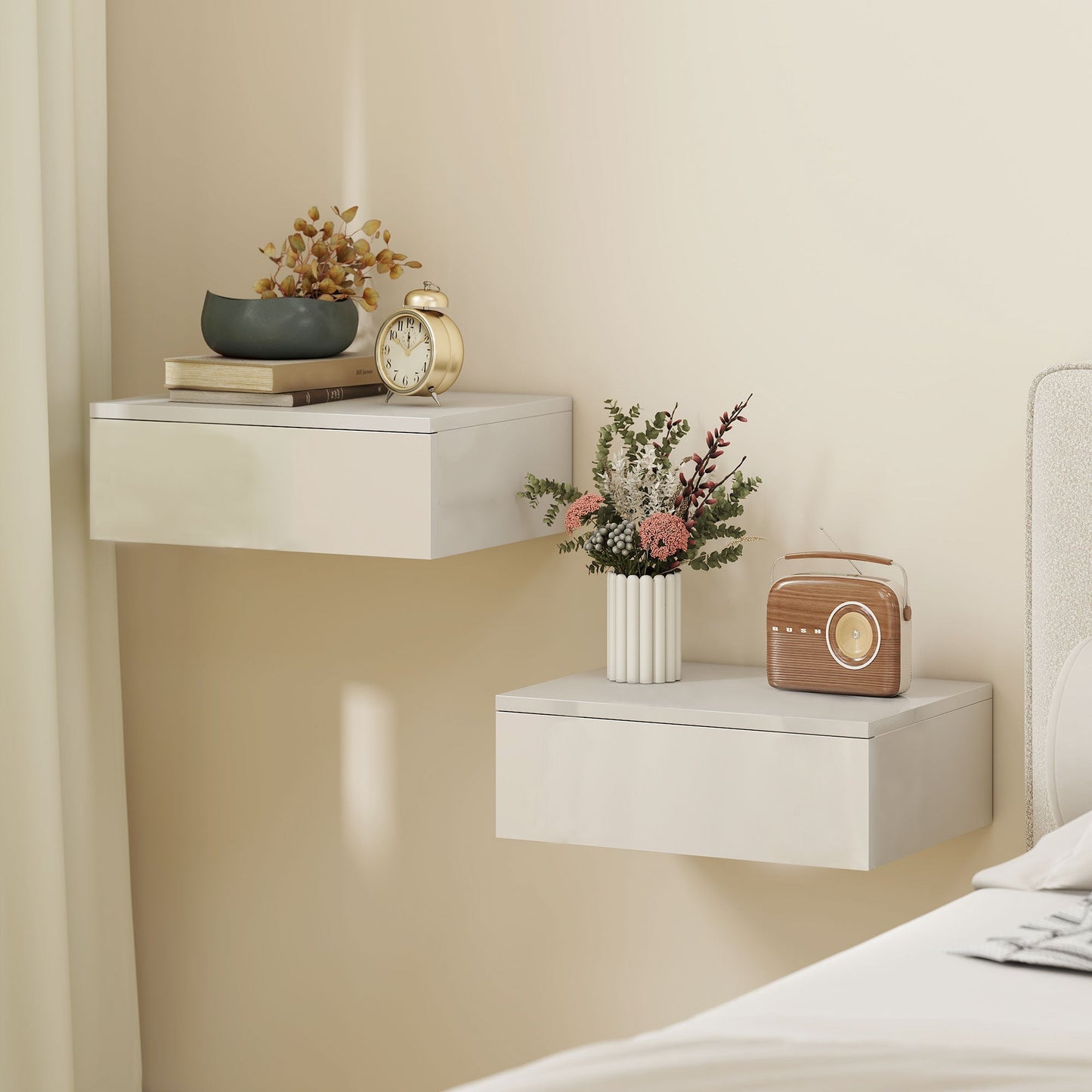 HOMCOM Floating Bedside Table Set of 2, Wall-Mounted Nightstand with High Gloss Finish & Storage Drawer, White