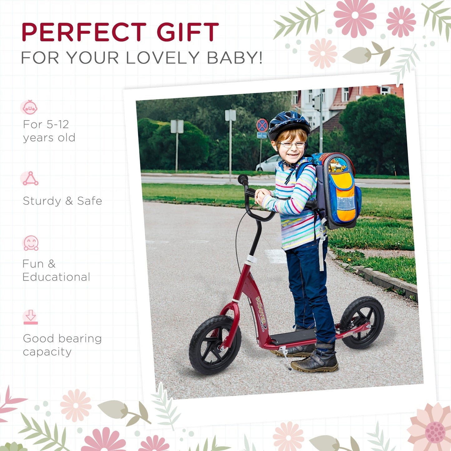 HOMCOM Kids Scooter Kick Scooter, with 12" EVA Tyres, Rear Brake, Big Wheels Scooter for 5-12 Years, Red
