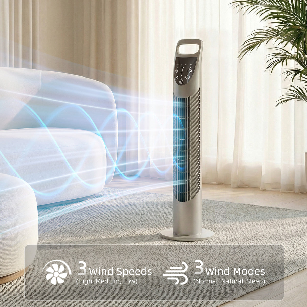 HOMCOM Tower Fan Oscillating 3 Speeds 3 Winds in Grey