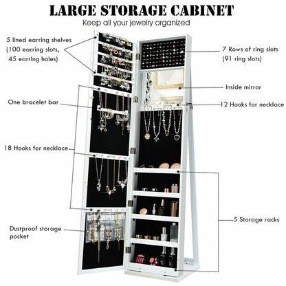 3-in-1 360° Swivel Mirrored Jewelry Armoire with Display Shelves-White