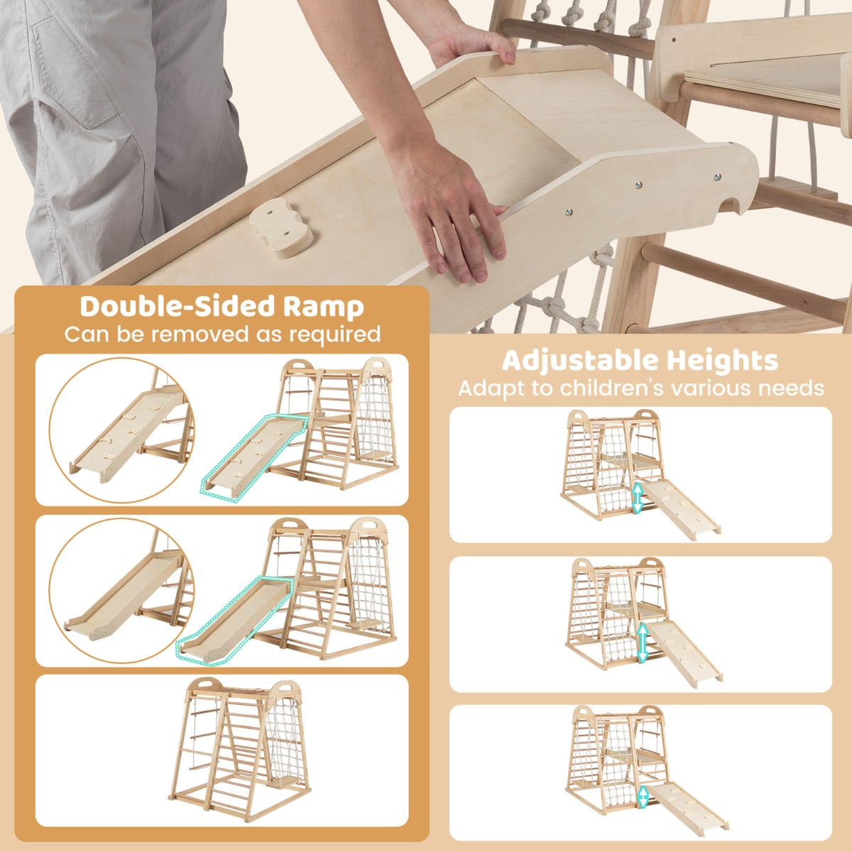 8-in-1 Jungle Gym Wooden Montessori Climber Playset-Natural