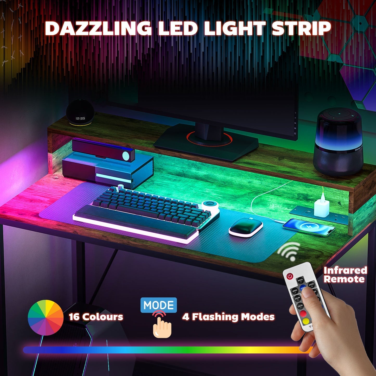 مكتب كمبيوتر HOMCOM بطول 100 سم مع إضاءة LED ومنافذ طاقة، مكتب ألعاب مع حامل شاشة، طاولة كمبيوتر مع جهاز تحكم عن بعد للمنزل والمكتب والدراسة، بني ريفي