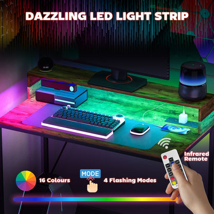 مكتب كمبيوتر HOMCOM بطول 100 سم مع إضاءة LED ومنافذ طاقة، مكتب ألعاب مع حامل شاشة، طاولة كمبيوتر مع جهاز تحكم عن بعد للمنزل والمكتب والدراسة، بني ريفي