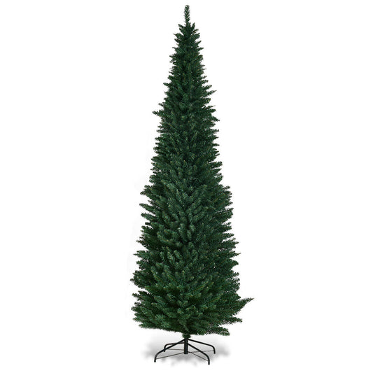 8ft / 2.4m Artificial Pencil Slim Christmas Tree standing on a simple black metal stand