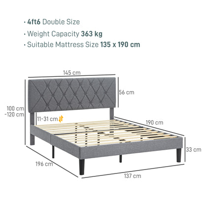 HOMCOM Double Bed Frame with 5-Level Adjustable Linen Upholstered Headboard, Wooden Slats Mattress Foundation, No Box Spring Needed, Grey
