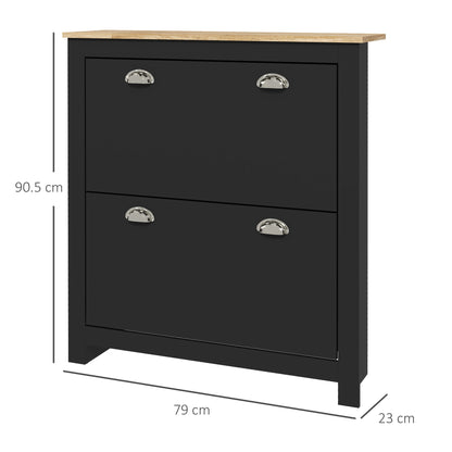 HOMCOM 2 Drawer Shoe Cabinet Modern Narrow Shoe Cupboard Hallway Wooden Storage Organiser with Flip Doors Adjustable Shelf for 12 Pairs, Black