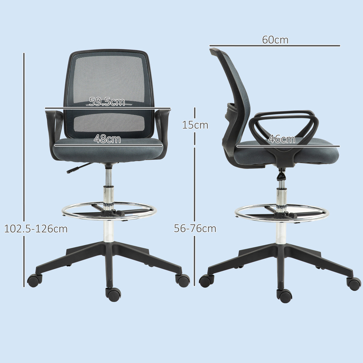 Vinsetto 102.5-126cm Draughtsman Office Chair in Grey