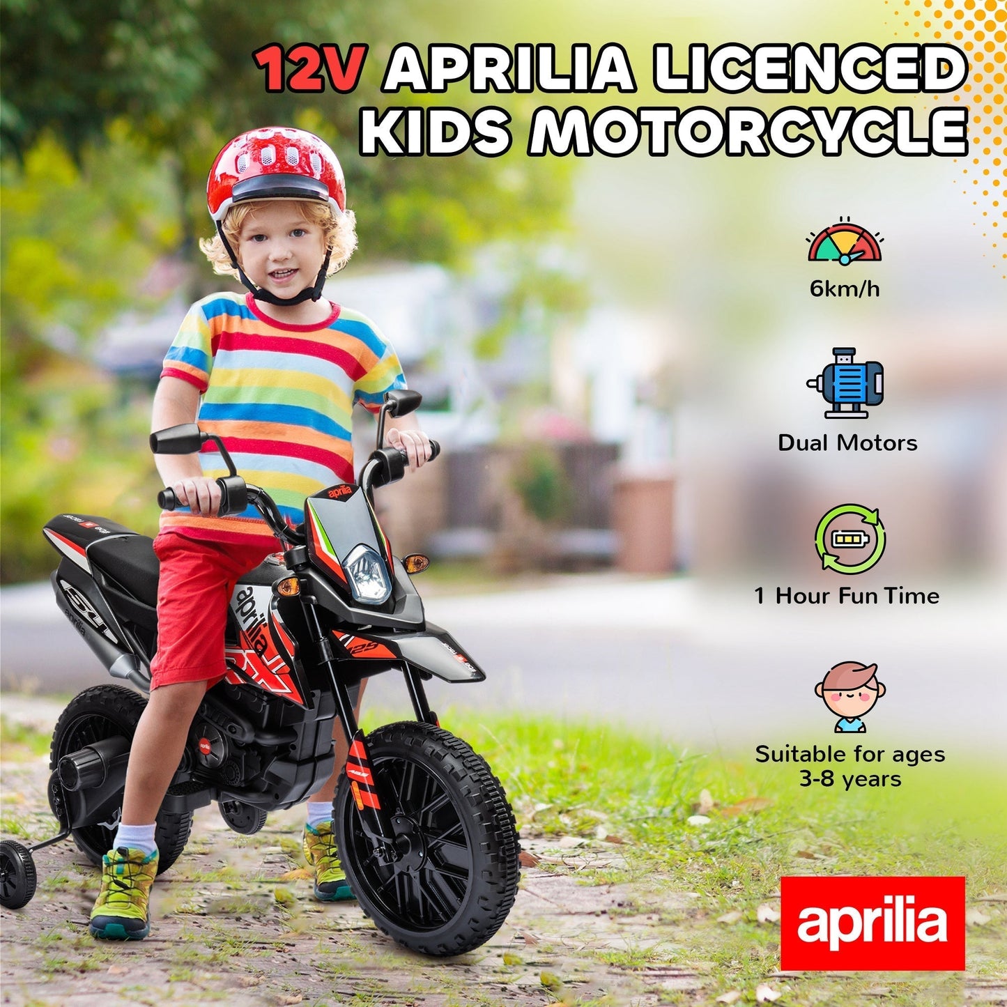 AIYAPLAY 12V Aprilia Licensed Kids Motorbike with Training Wheels, Spring Suspension, LED Headlight, USB, Music, Red/Black