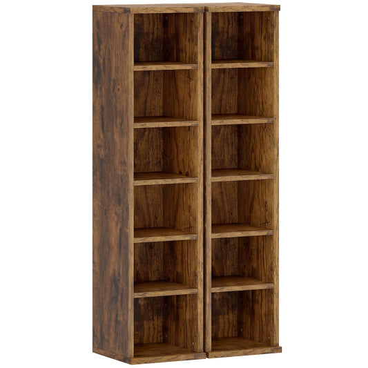 HOMCOM Set of 2 CD Media Display Shelf Unit Tower Rack with Adjustable Shelves, Rustic Brown