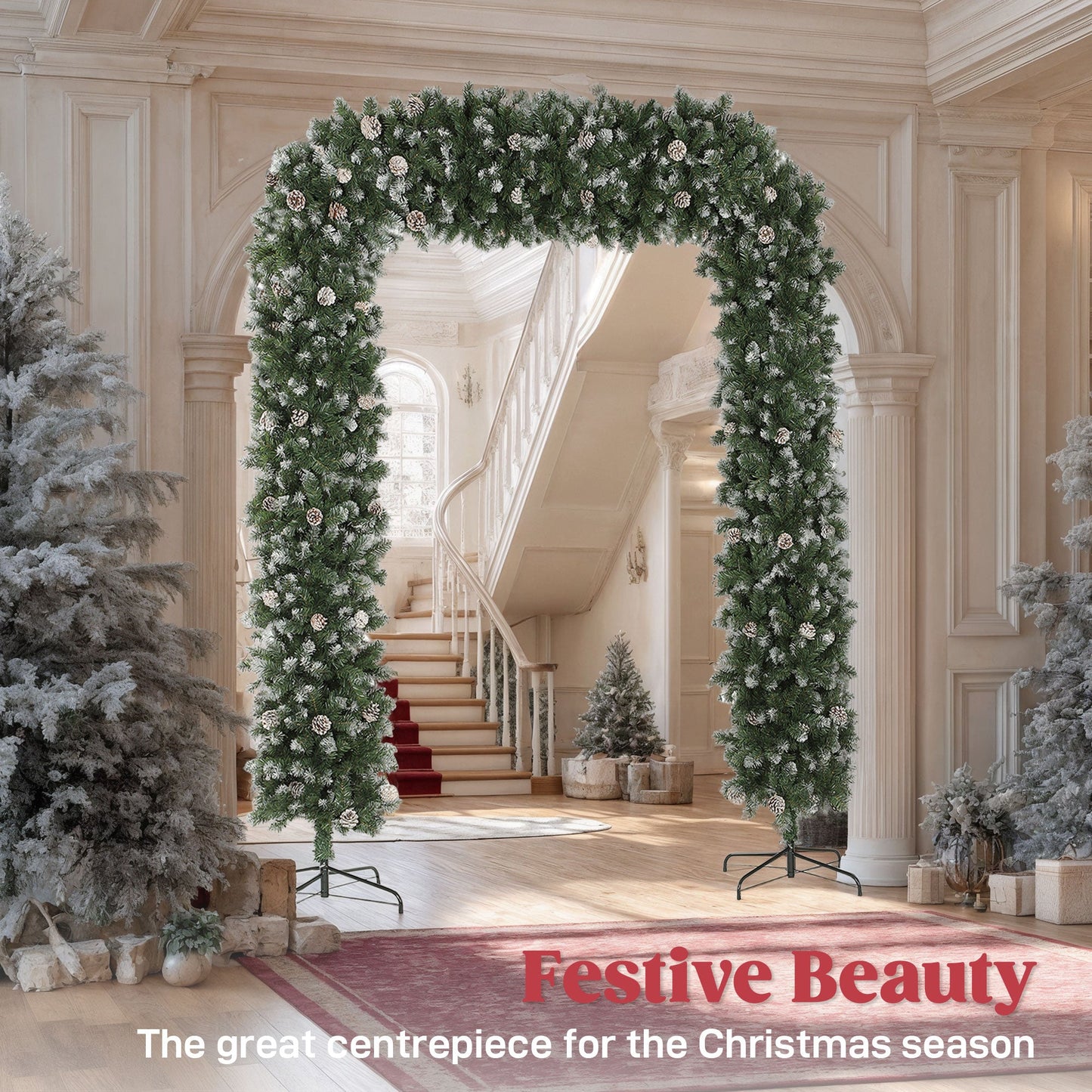 HOMCOM 8.2 ft Snow Frosted Christmas Tree Arch, Christmas Arch Doorway Decor with 1800 Tips and 91 Pinecones, Artificial Xmas Tree with Metal Stand for Indoor, Green