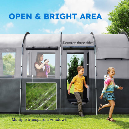 Outsunny 4 Person Camping Tent, Waterproof Family Tent, Tunnel Design, 4 Large Windows, Sleeping Cabins 3000mm Water Column Grey