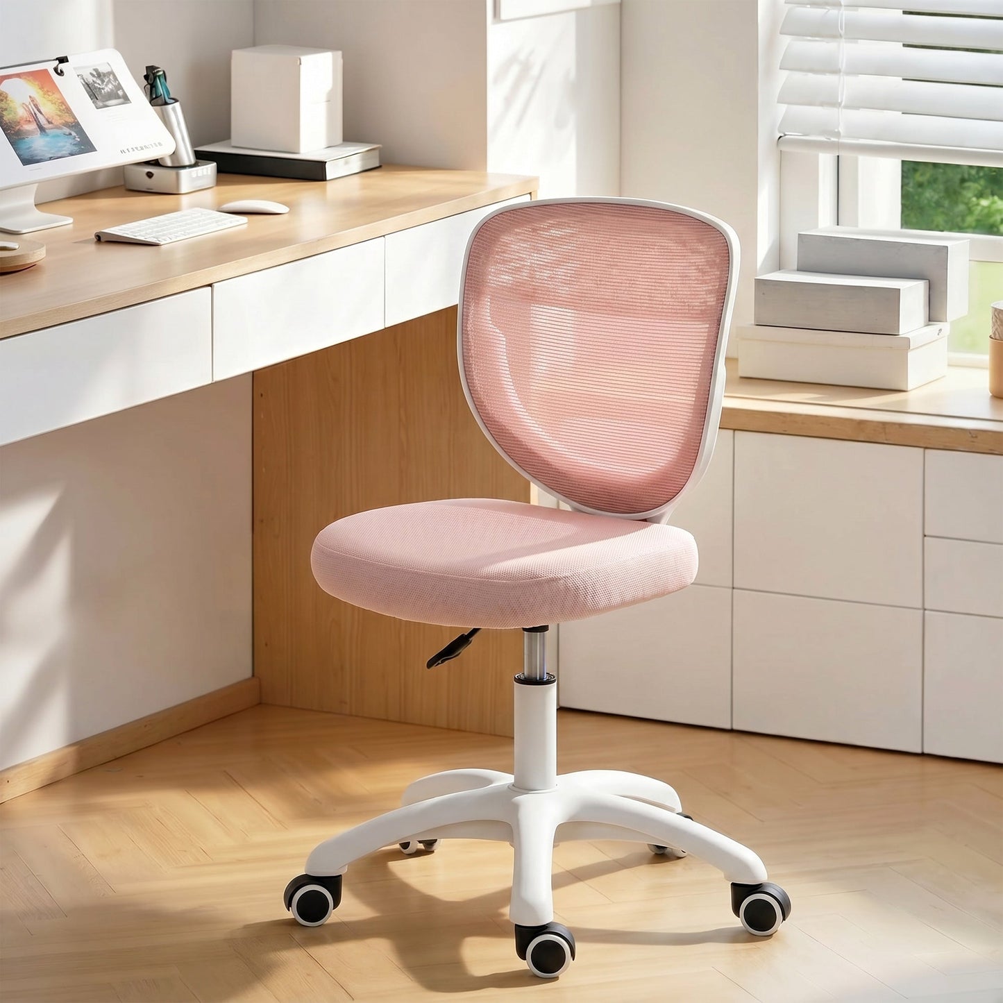 HOMCOM Office Chair, Armless Computer Desk Chair with Breathable Mesh, Adjustable Height, Swivel Wheels, Pink