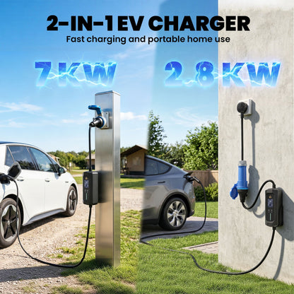 HOMCOM EV Charger 7kW Type 2 to CEE 32A Plug with UK Adapter, 10 m, 6-32A, Electric Car Charger w/ 1-12 h Time Delay