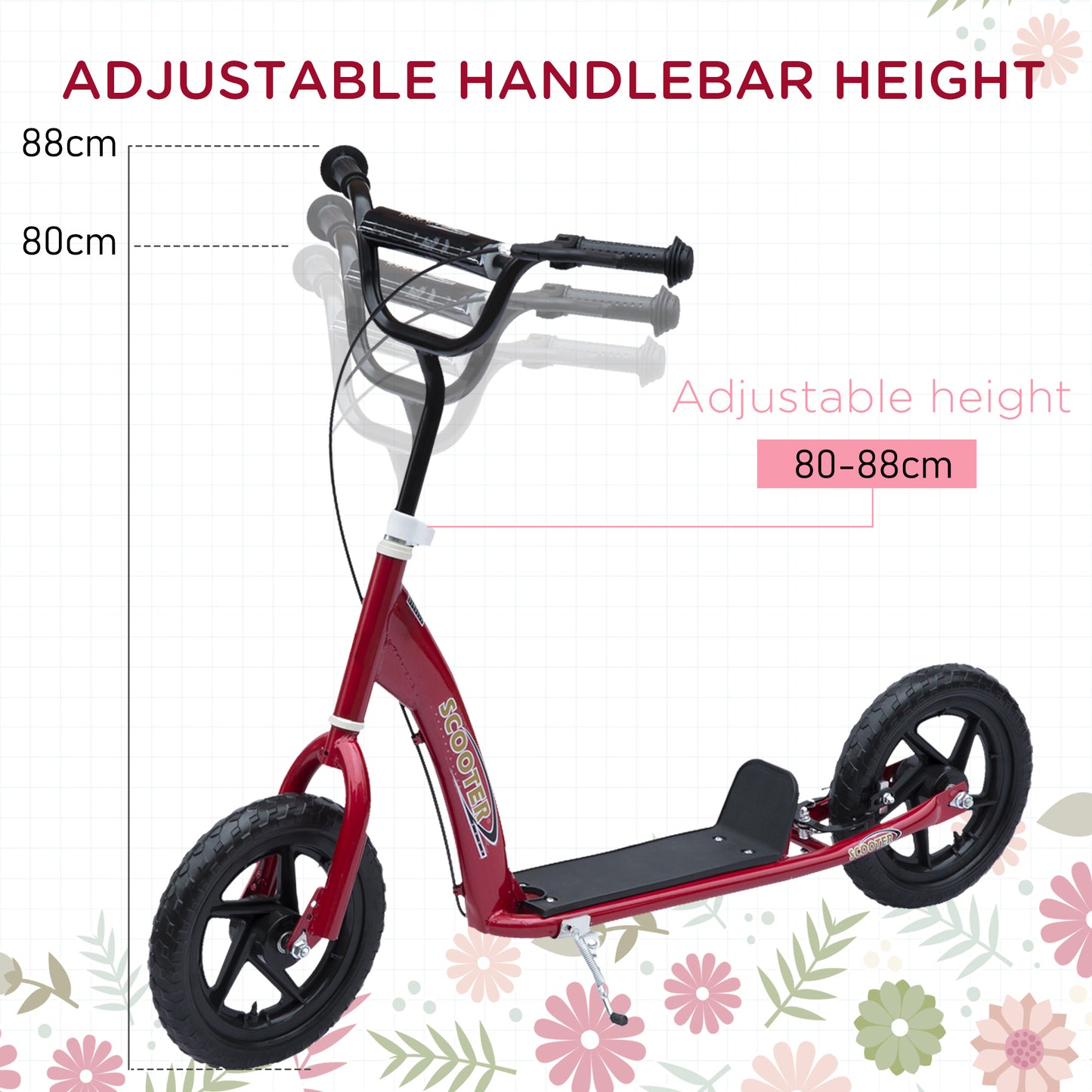 HOMCOM Kids Scooter Kick Scooter, with 12" EVA Tyres, Rear Brake, Big Wheels Scooter for 5-12 Years , Red