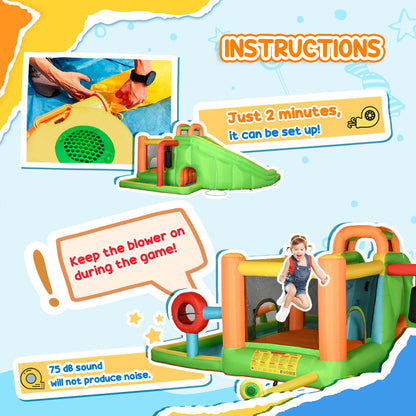 Outsunny Kids Bouncy Castle, 5 in 1 Large Crocodile Style Inflatable House Slide Basket Water Pool Gun Climbing Wall with Blower Carrybag for Kids Age 3-8, 3.85 x 2.85 x 2.25m