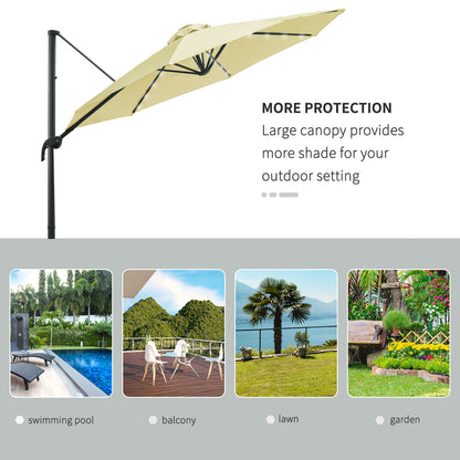 Outsunny 3(m) LED Cantilever Parasol Garden Sun Umbrella w/ Base and Solar Lights Beige