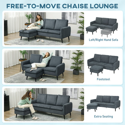 HOMCOM Fabric Sofa with Ottoman, Corduroy L-shaped Sofa Couch with Scatter Back, Reversible 3-Seater Chaise Lounge for Living Room, Home Office, Small Spaces, Charcoal Grey