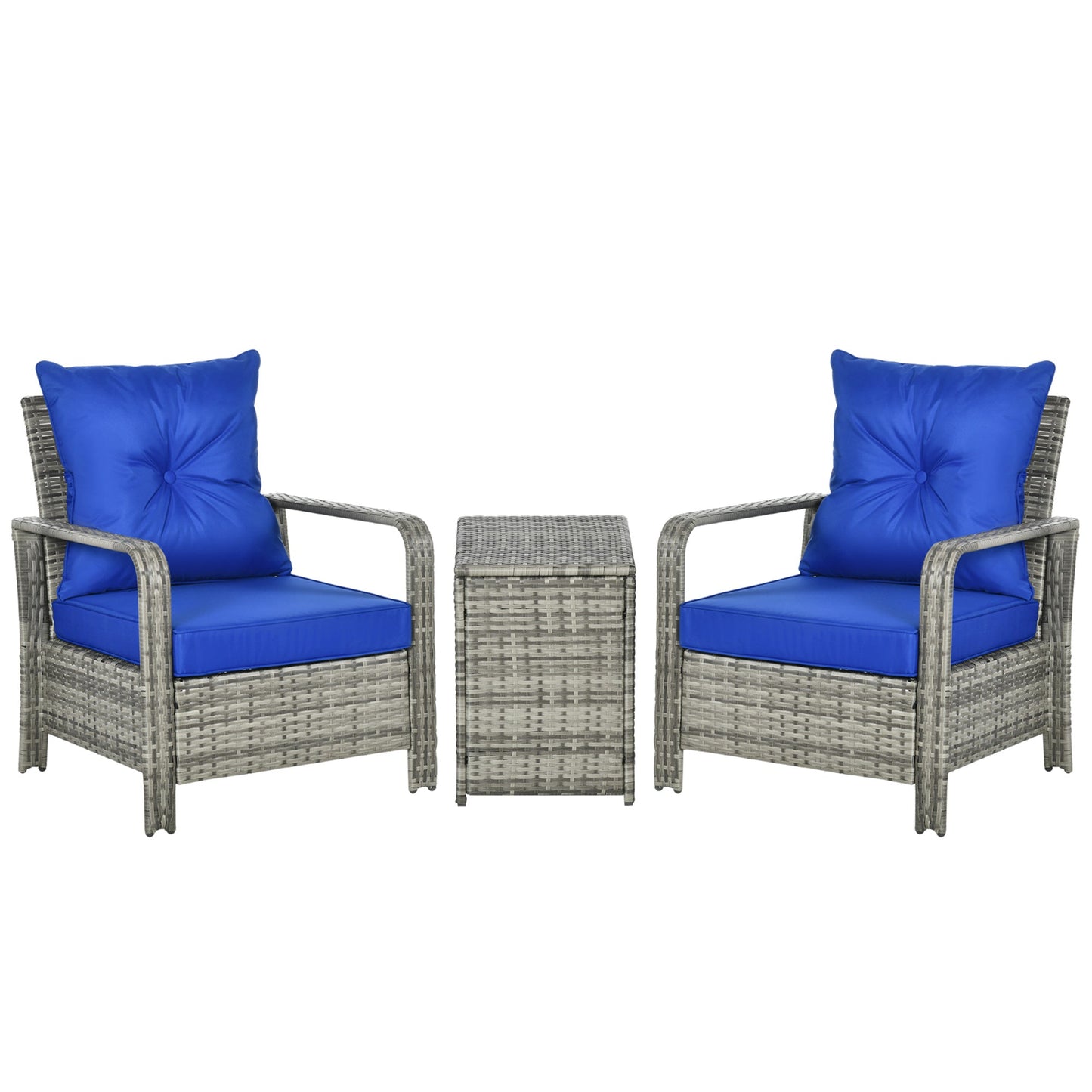 Outsunny 3 Pieces Rattan Bistro Set, Wicker Garden Furniture Set with Storage Coffee Table and Chairs, Thickened Cushions for Outdoor, Patio, Balcony, Blue