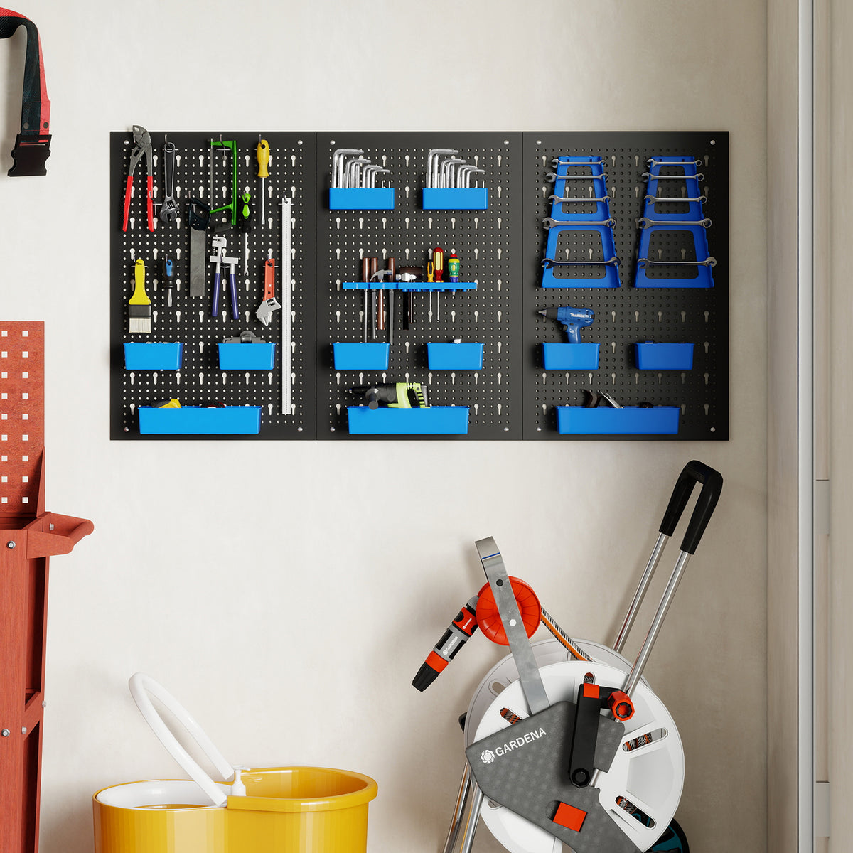 The garage organiser with tools and bins displayed on a wall