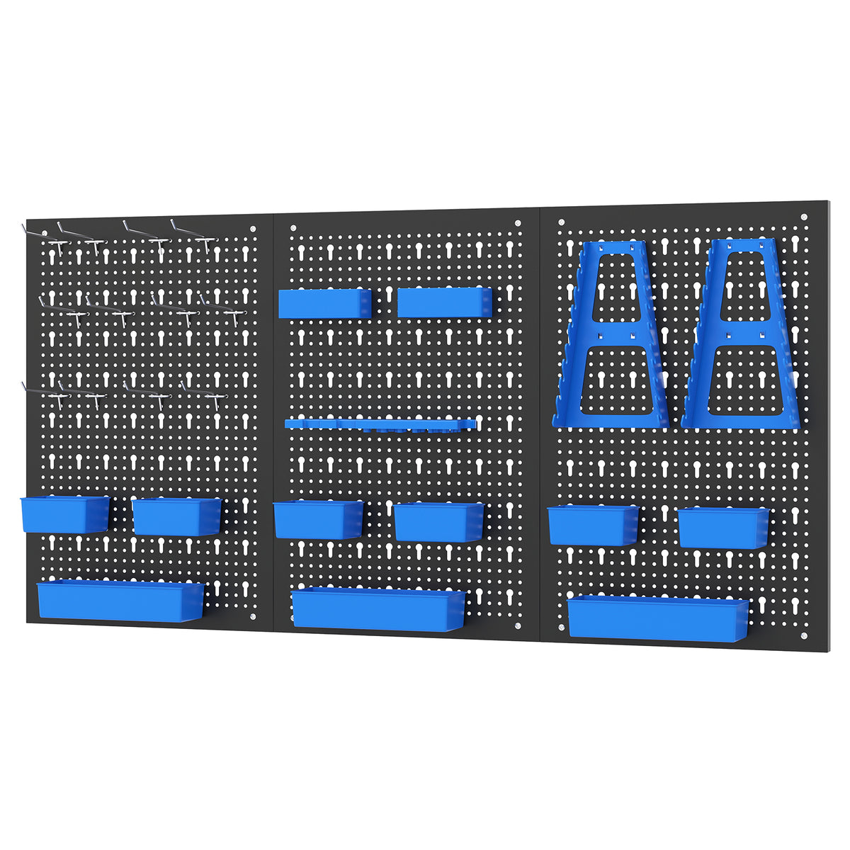 9-Bin Parts Rack Organizer with Hammer Racks for Garage, a black pegboard with blue bins and hammer racks