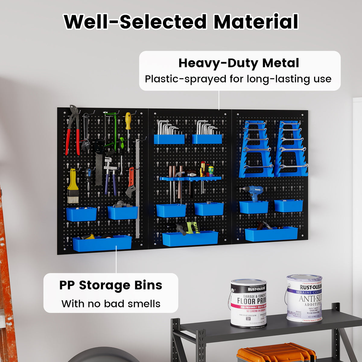 The garage organiser with text highlighting its well-selected material