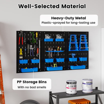 The garage organiser with text highlighting its well-selected material