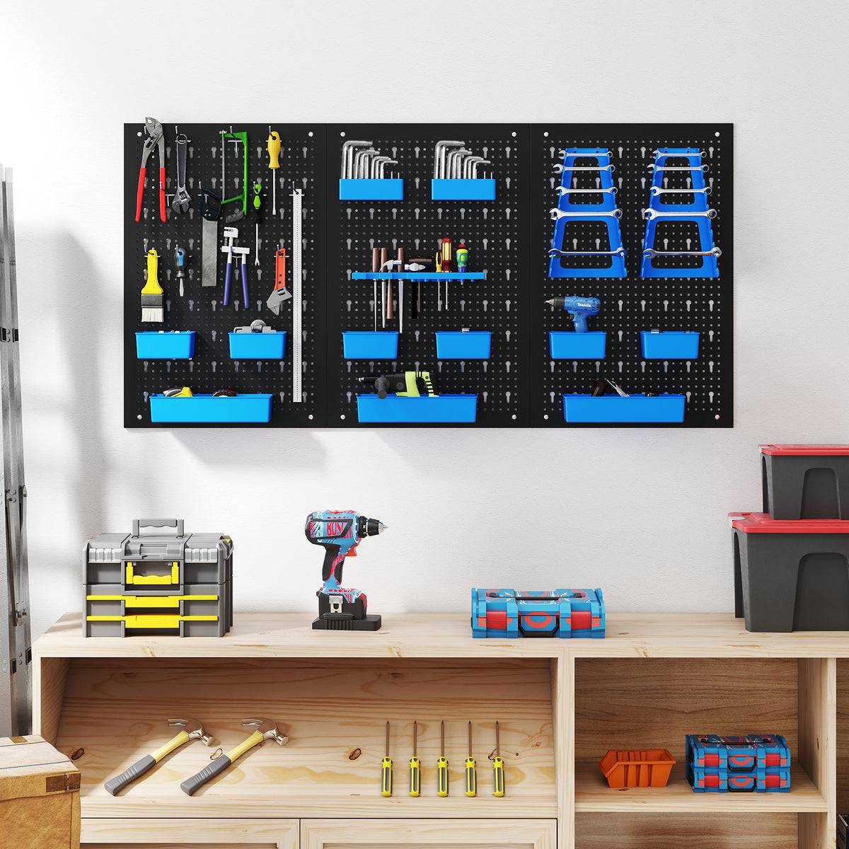 The garage organiser with tools and bins on a workbench