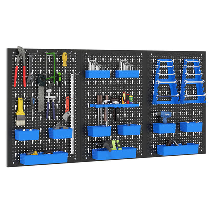 The garage organiser with various tools stored in the blue bins and on the pegboard