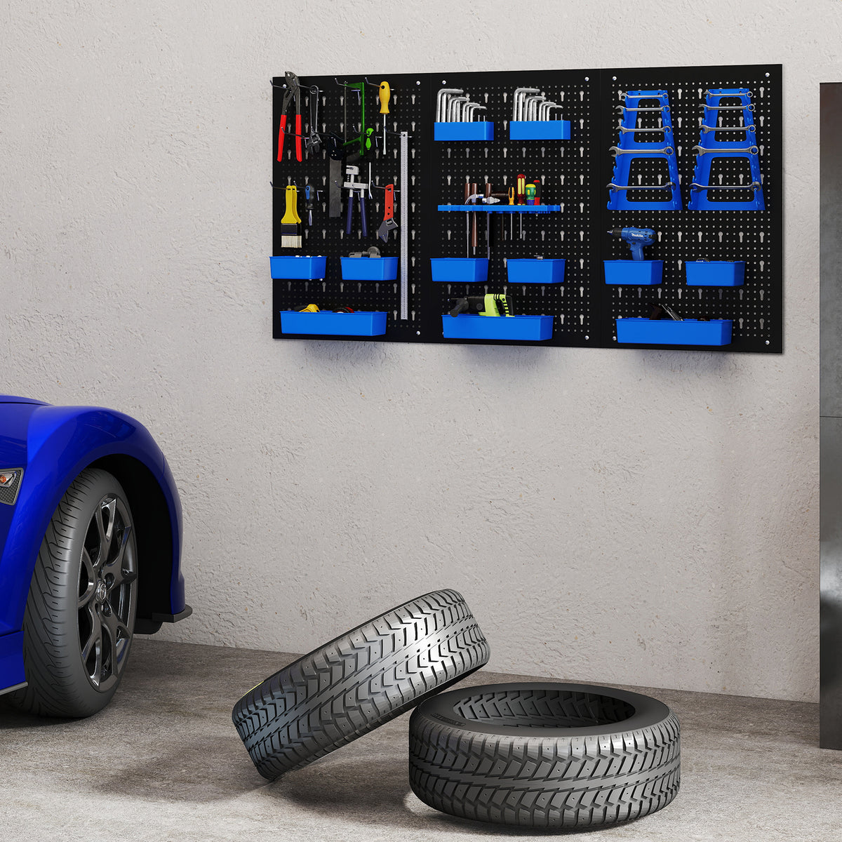 The garage organiser with tools and bins mounted on a wall next to a car